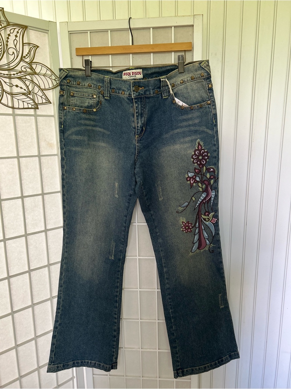 Bisou Bisou Blue Denim Wide Leg Jeans with Floral Embroidery